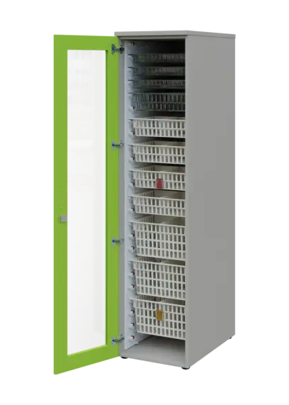 EUROMEDICA S - 46 skříň léková boxová, 1-dveřová/prosklená, levá, 1950x460x735, korpus šedý, dvířka jarní zeleň